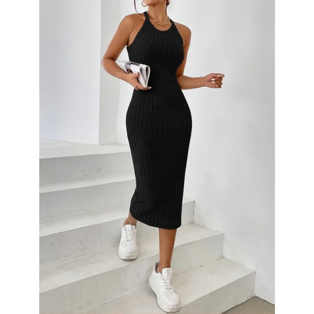 Minimalist Halter ribbed knot Bodycon midi Dress rust orange - Picture 5 of 12